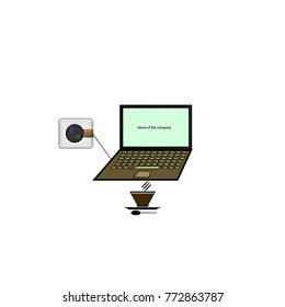 A camera, a computer and a cup of coffee are shown. The inscription is the name of the company.