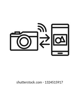Camera connecting to Smartphone. Stroke outline style. Line vector. Isolate on white background.