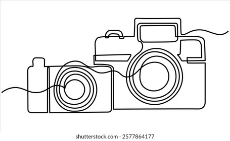 Camera continuous one line drawing. Single Line Vector Illustration. Camera, Lens, Tripod, Shutter