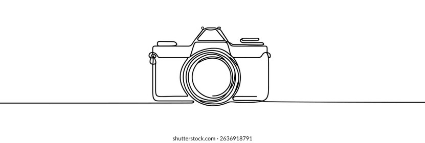 Camera continuous one line drawing. Digital camera in simple linear style. Vector illustration.