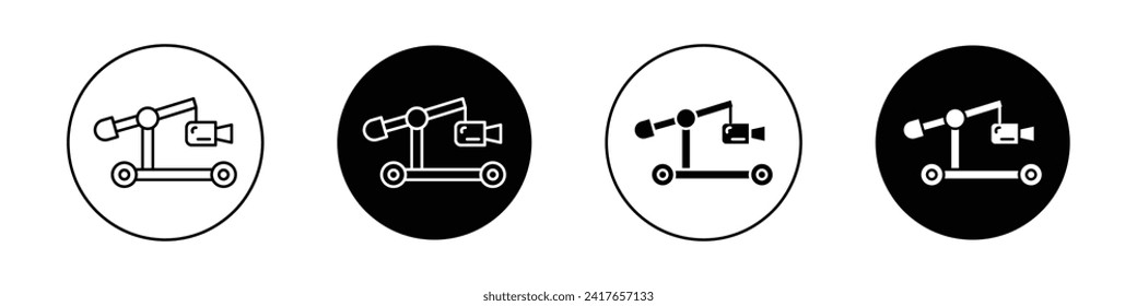 Camera Crane icon set. Jib camera design vector symbol in a black filled and outlined style. Film Camera Crane sign.