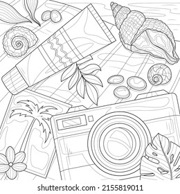 
Camera, cream and shells on the beach.Coloring book antistress for children and adults. Illustration isolated on white background.Zen-tangle style. Hand draw