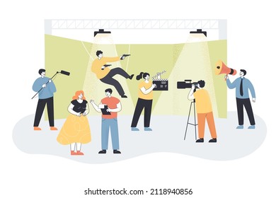 Camera crew filming stunt double shooting guns. Casting for role inside building, filming location flat vector illustration. Cinema, film production concept for banner, website design or landing page