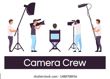 Camera crew flat vector illustrations set. Director sitting in chair, cameraman isolated cartoon characters. Filmmaking studio members with professional equipment. Sound operator, lightning technician