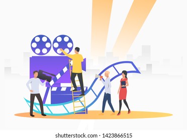 Camera crew making film. Camera, scenario, actors. Filmmaking concept. Vector illustration for presentation slide, poster, new project