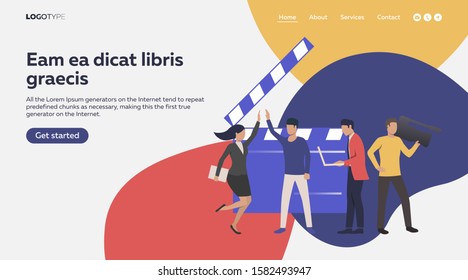 Camera crew making footages. Cameraman, director, clapping board flat vector illustration. Filming or broadcasting concept for banner, website design or landing web page