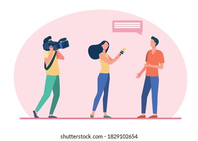 Camera crew making reportage. Journalist interviewing man while operator shooting flat vector illustration. Broadcasting, communication, tv concept for banner, website design or landing web page