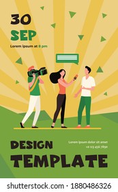 Camera crew making reportage. Journalist interviewing man while operator shooting flat vector illustration. Broadcasting, communication, tv concept for banner, website design or landing web page