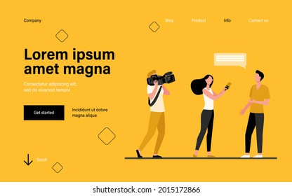 Camera crew making reportage. Journalist interviewing man while operator shooting flat vector illustration. Broadcasting, communication, tv concept for banner, website design or landing web page