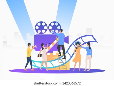 Camera crew preparing for film. Camera, scenario, actors. Filmmaking concept. Vector illustration for presentation slide, poster, new project