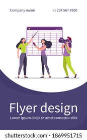 Camera crew shooting presentation. Woman with pointer presenting project at camera flat vector illustration. Broadcasting, reportage concept for banner, website design or landing web page