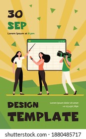 Camera crew shooting presentation. Woman with pointer presenting project at camera flat vector illustration. Broadcasting, reportage concept for banner, website design or landing web page