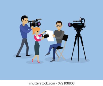 Camera crew team people group flat style. Film crew, camera man, tv crew, video camera, television teamwork, recording movie, production studio illustration. Camera crew vector concept