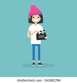 Camera Crew: Young Assistant Holding A Clapperboard / Editable Flat Vector Cartoon Illustration, Clip Art