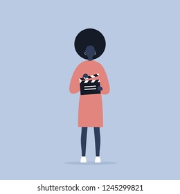 Camera crew. young black female assistant holding a clapperboard / editable flat vector cartoon illustration, clip art