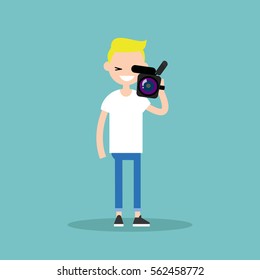 Camera Crew: Young Operator Holding A Camera / Editable Flat Vector Cartoon Illustration, Clip Art