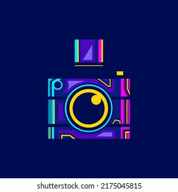 Camera cyberpunk logo line pop art portrait fiction colorful design with dark background. Abstract vector illustration.