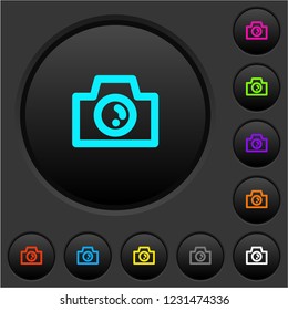 Camera dark push buttons with vivid color icons on dark grey background