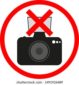 The camera is depicted against a red circle with a crossed out flash; a vector illustration for sites, shops, and public places means that the use of flash is prohibited. Prohibition sign.