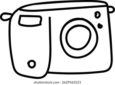 A camera is depicted in a childlike sketch.  The image shows a simple photographic device with a lens and buttons. Cartoon vector illustration