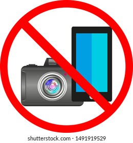 The camera is depicted, a mobile phone against a red circle, vector illustration for sites, shops, public places. Photography and the use of technical equipment is prohibited. Prohibition sign.