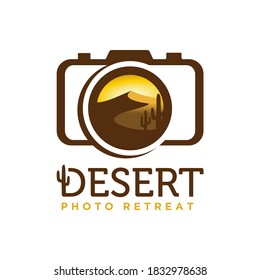 Camera with desert mountain illustration on the lens, Desert Photography Logo Icon vector design