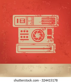 Camera design on red background, grunge vector