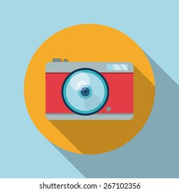 Camera design over blue background, vector illustration.