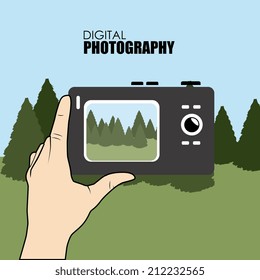 Camera design over landscape background, vector illustration