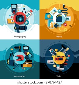 Camera Design Set With Photography Media Accessories And Video Flat Icons Isolated Vector Illustration