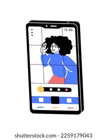 Camera design for smartphone. Interface for programs and mobile apps, UI and UX. Young girl takes selfie and edits photo for social media. Cartoon flat vector illustration