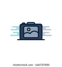 camera device line fill block style icon design, photography technology equipment digital photo focus and electronic theme Vector illustration