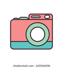 Camera device line fill style icon design, Gadget technology photography equipment digital photo focus and electronic theme Vector illustration