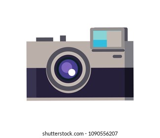 Camera device photography with lens, splash and zoom, allowing capture precious moments of life while travelling, isolated on vector illustration