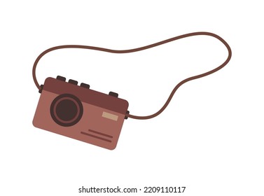 Camera device for recording visual images, taking photographs and videos. Photo shooting while traveling, professional tool. Vector in flat cartoon style