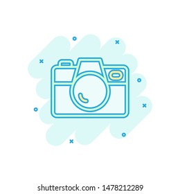 Camera device sign icon in comic style. Photography vector cartoon illustration on white isolated background. Cam equipment business concept splash effect.