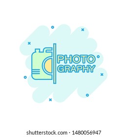Camera device sign icon in comic style. Photography vector cartoon illustration on white isolated background. Cam equipment business concept splash effect.