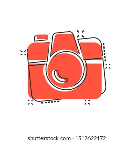 Camera device sign icon in comic style. Photography vector cartoon illustration on white isolated background. Cam equipment business concept splash effect.