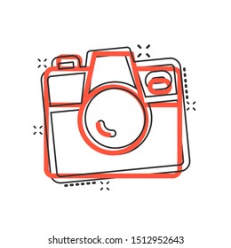 Camera device sign icon in comic style. Photography vector cartoon illustration on white isolated background. Cam equipment business concept splash effect.