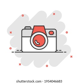 Camera device sign icon in comic style. Photography vector cartoon illustration on white isolated background. Cam equipment business concept splash effect.