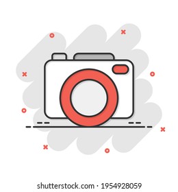 Camera device sign icon in comic style. Photography vector cartoon illustration on white isolated background. Cam equipment business concept splash effect.