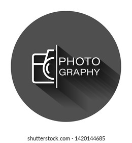 Camera device sign icon in flat style. Photography vector illustration on black round background with long shadow. Cam equipment business concept.