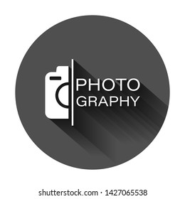 Camera device sign icon in flat style. Photography vector illustration on black round background with long shadow. Cam equipment business concept.