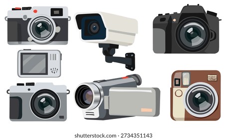 Kameragerätesammlung im flachen Stil für fotografische Konzepte. Perfekt für Mediendesign, technische Visuals und kreative Projekte.