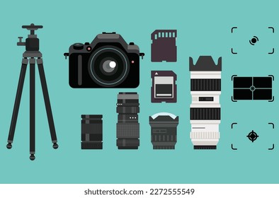 Camera devices components icons modern sketch.