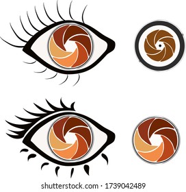 Camera diaphragm in the form of a pupil in the eye. Set with vector images .logotype