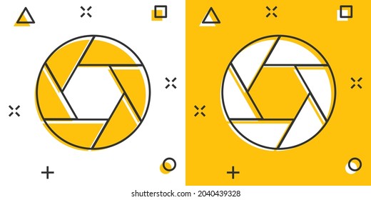 Camera diaphragm icon in comic style. Lens cartoon sign vector illustration on white isolated background. Photo snapshot splash effect business concept.