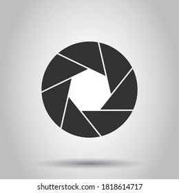 Camera diaphragm icon in flat style. Lens sign vector illustration on white isolated background. Photo snapshot business concept.