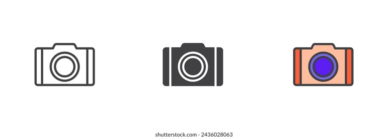 Camera different style icon set. Line, glyph and filled outline colorful version, outline and filled vector sign. Photo camera symbol, logo illustration. Vector graphics