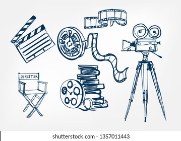 camera director chair roll film set vector sketch illustration 